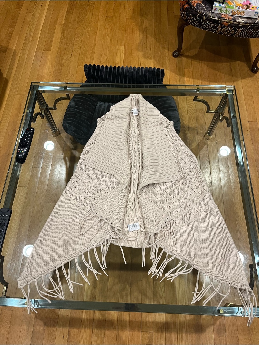 august silk Cream Open-Front Fringe Knit Poncho